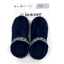 Isotoner Women  s Black Clog Slippers SZ 7.5-8 Fair Isle embroidered trim slip-on