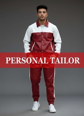 Men's Real Genuine Soft Lambskin Leather TrackSuit Sweatsuit [Burgundy/White]