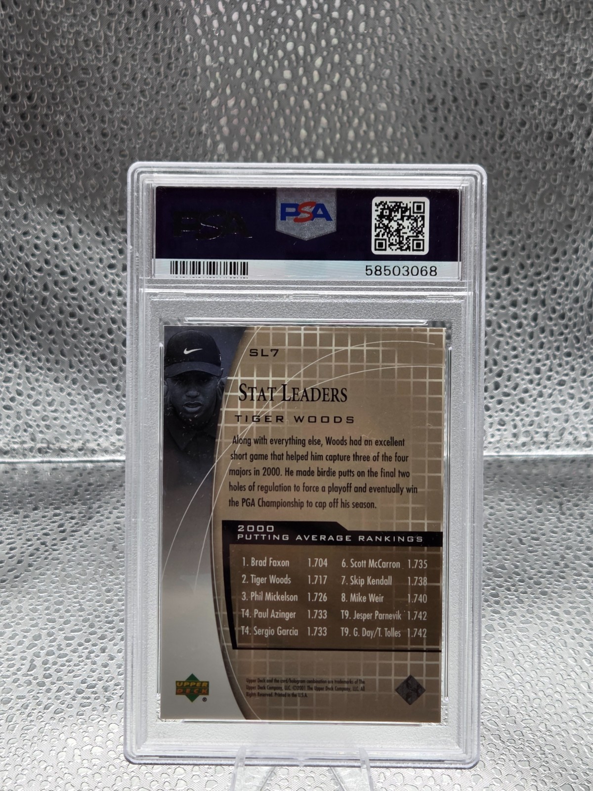 2001 Upper Deck  ~ TIGER WOODS Rookie Golf Card PSA 10 GEM MINT (Pop 319) view 2
