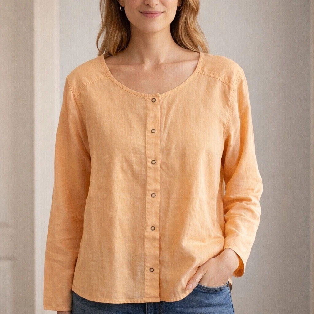 J. Jill Linen Shirt Blouse Medium Peach Snap Font Coastal Lagenlook Minimalist