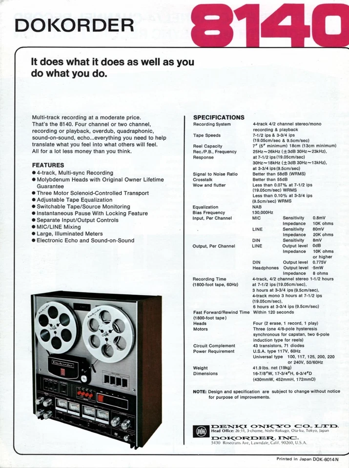 Reel to Reel 4 Channel Dokorder Model 8140 Tape Recorder - Image 3 of 4