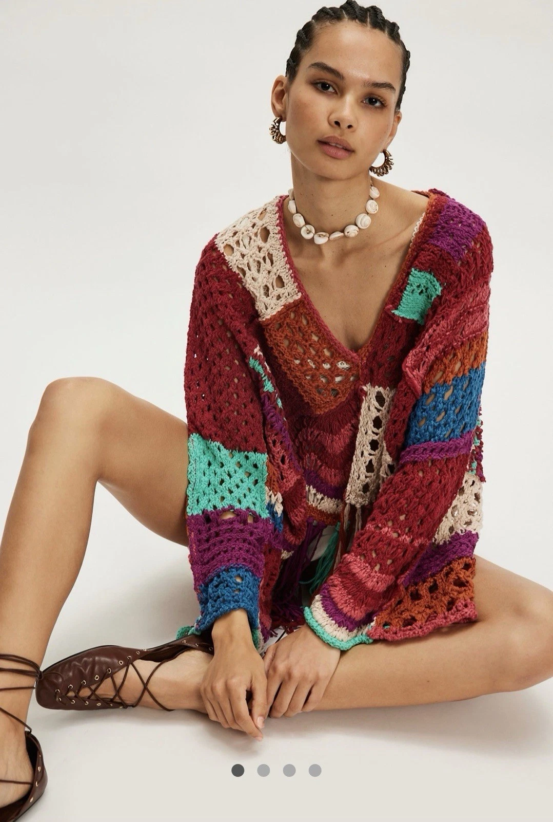 Free People Poncho Sweater Jacket Knit Fringe Colorblock Jewel Combo S NWT
Opens in a new window or