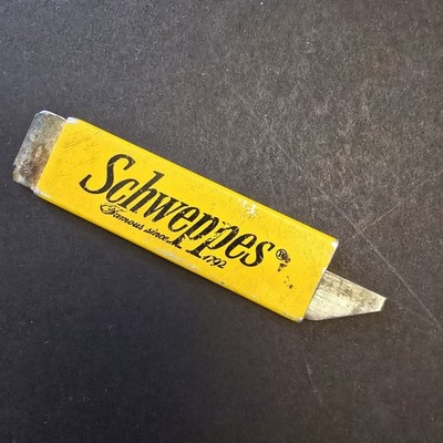 Vintage Schweppes Advertising Box Cutter Knife Yellow Metal Sleeve Utility Blade