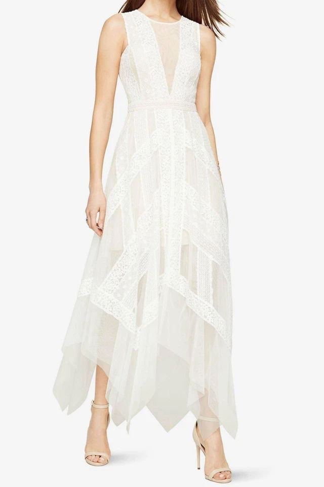 NWT BCBG MaxAzria Andi in Off White Nude Lace Handkerchief Hem Sheer Dress 2 - Image 3 of 4