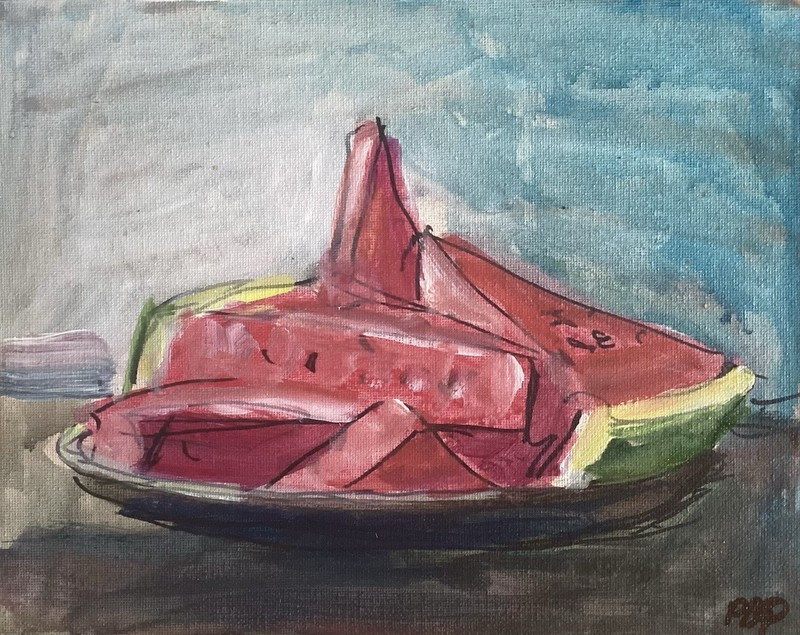 PDQ Artist Original Painting Food Watermelon Plate Abstract Acrylic 8x10 Canvas