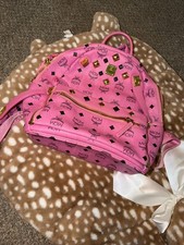 MCM Pink Logo Studded Mini Backpack w/ Zip Pouch Bag Charm Gold Hardware