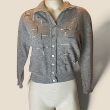 Vintage 1970's Glasgo Ltd Gray Angora Lambswool Sweater Collared Embroidered