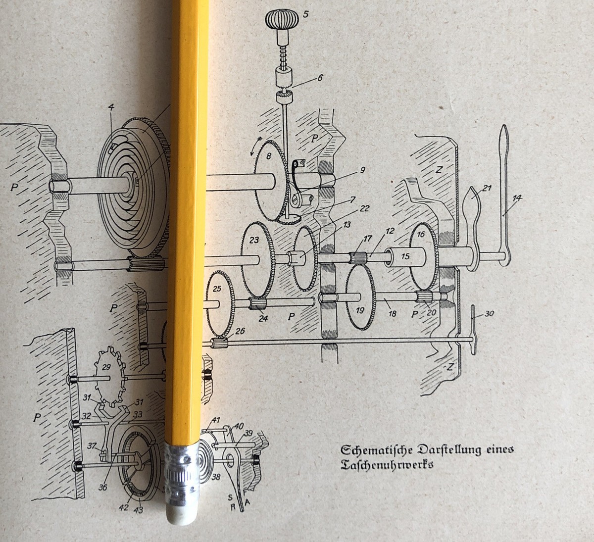 Taschenuhr Uhr 1934 Aufbau Schema Einzelteile Bauteile Uhrwerk