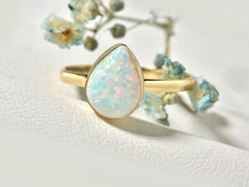 White Opal Pear Ring in 18K Gold Plated 925 Sterling Silver Engagement Ring
