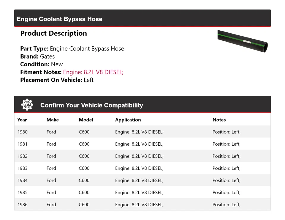 For 1980-1986 Ford C600 8.2L V8 DIESEL Engine Coolant Bypass Hose Left Gates - Image 2 of 4