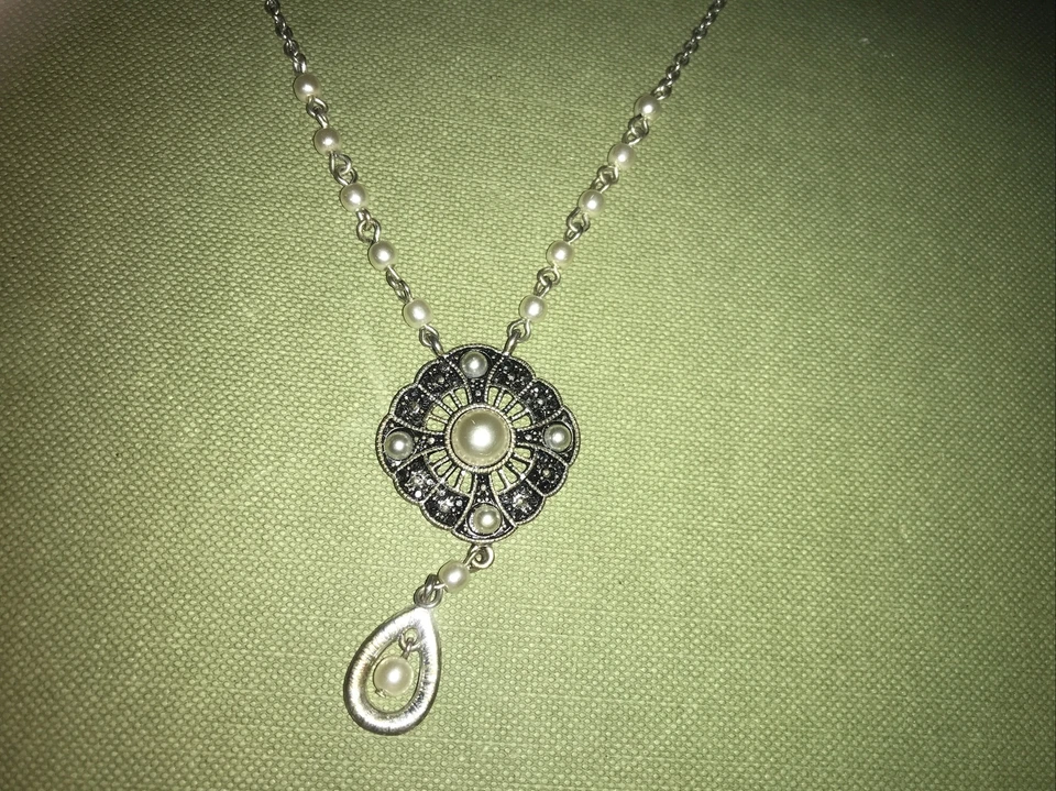 Vintage Trifari Crown Tag Pendant Necklace Silver Tone Faux Marcasite - Image 2 of 4