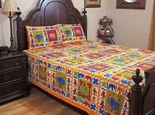 Multicolor Tribal Print Cotton Bedspread Pillow Sham Set - Ethnic Queen Bedding