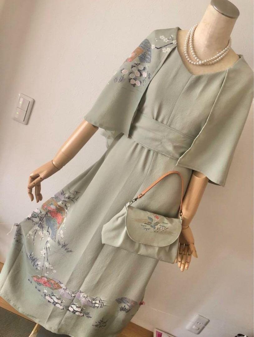 Vestido de fiesta remake kimono japonés con bolso boda seda verde claro hecho a mano