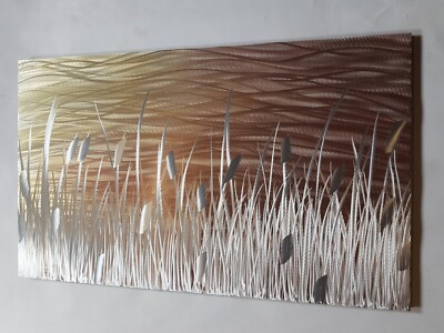 Moderne abstrakte Wandbilder aus Metall. Titel Am See. Silber, Kupfer und Gold