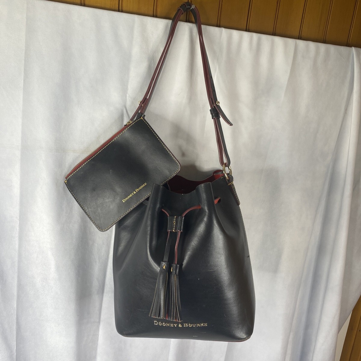 Dooney Bourke Black BUNDLE Set Black Leather Bucket Drawstring Bag Wallet