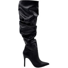 Stivali alti donna a punta in pelle nero sopra il ginocchio con arriccio tacco a