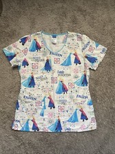Disney Frozen Scrub Top Womens Size Small White Family Elsa Anna Pattern