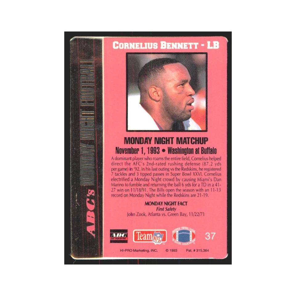 1993 Action Packed Cornelius Bennett Bills #37 - Image 2 of 3