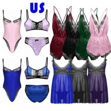 Mens Sissy Babydolls Nightdress Crossdress Lace Satin Chemise Bodysuit Sleepwear