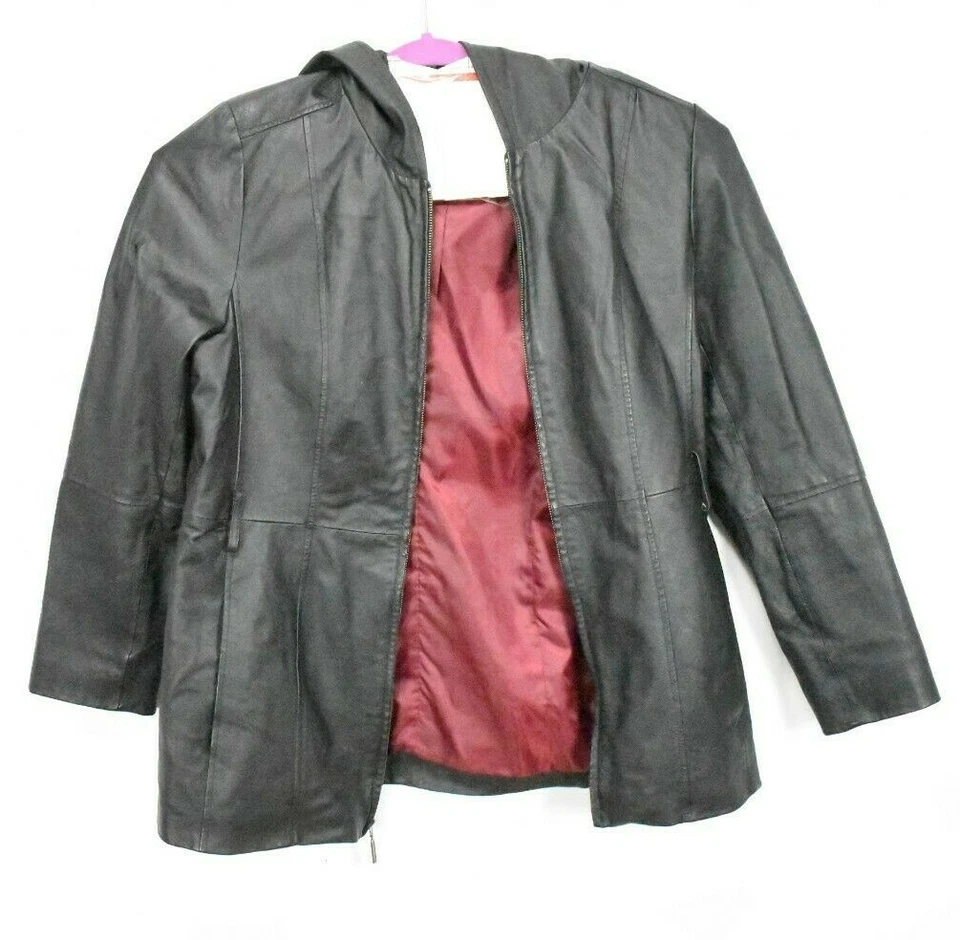 Croft&Barrow Large Women's Leather Jacket Hoodie Large Full Zip Coat Black - Image 4 of 4