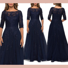 NWT 619 La Femme  6  Embroidered Floral Lace  Tulle A Line Gown Navy J1376