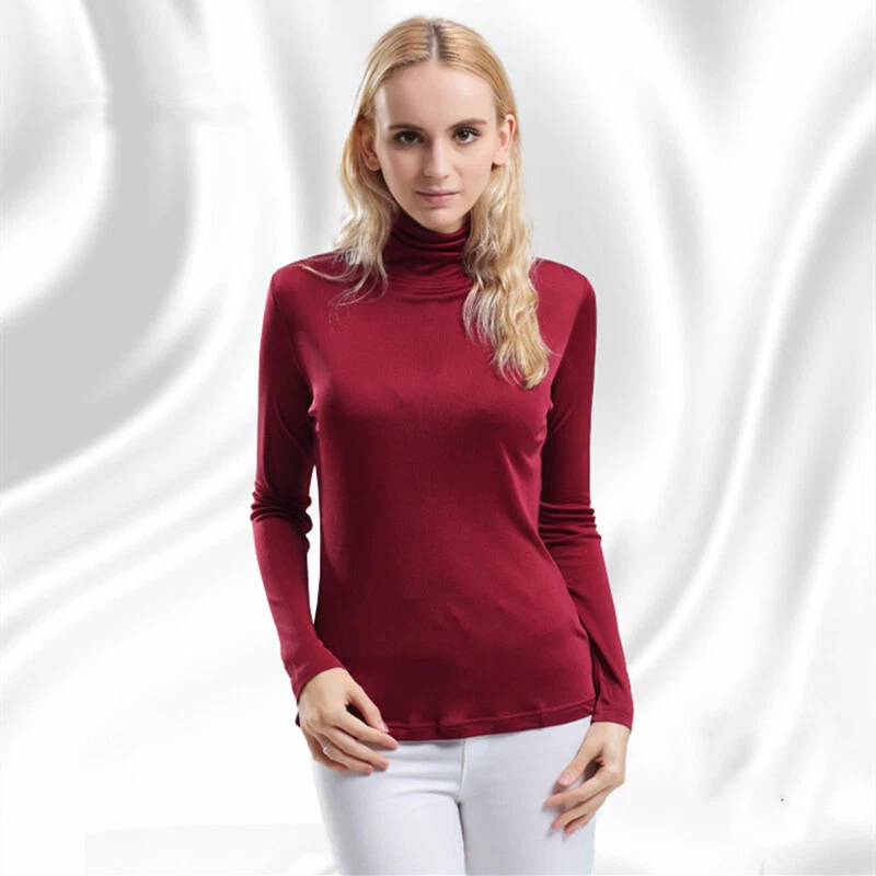 Camiseta Top Capa Mujer Cuello Alto Seda Morera Ligera Elastizada Manga Larga Foto 2 de 4