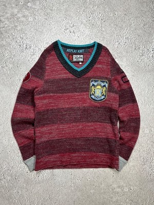 Replay Knit Wool V Neck Sweater Burgundy Striped Crest Logo Vintage