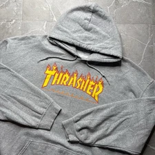 Vintage Y2K Thrasher Hoodie Skate Big Flames Logo Adult 2XL Heather Grey