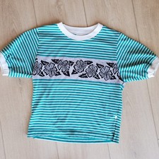 Vintage 90s Blue  White Striped Short Sleeve Tshirt with Hibiscus Print Sz Med