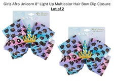Girls Afro Unicorn 8" Light Up Multicolor Cute Hair Bow Clip Closure Lot of 2