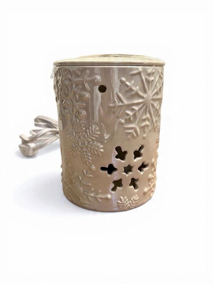 CALENTADOR DE VELAS NAVIDAD CERÁMICA BEIGE/BLANCO CON CABLE ENCHUFABLE COPOS DE NIEVE Foto 2 de 3