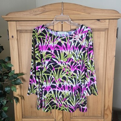 Kasper Large Blouse Black Multi Tropical Floral 3/4 Bell Sleeve Career Top Dress