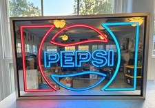 Vintage Pepsi Lighted Mirror Sign 19” Red Blue Faux Neon WORKS Employee Collecti