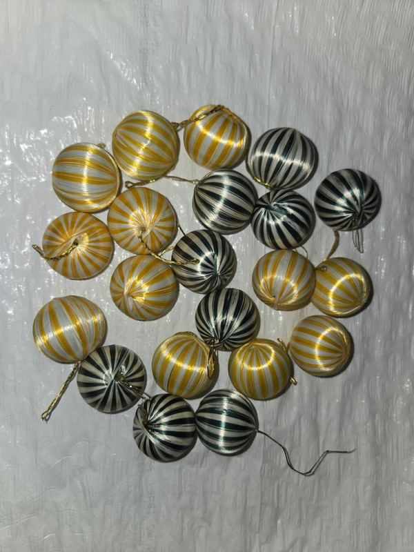 Vintage 3/4 Inch Striped Sateen Christmas Ornaments Lot Of 21 Yellow And Green 