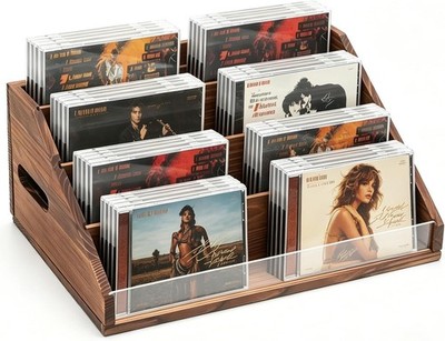 Rustic Wood CD Display Stand Organizer 32 CDs 4-Tiered Tabletop CD Rack Storage
