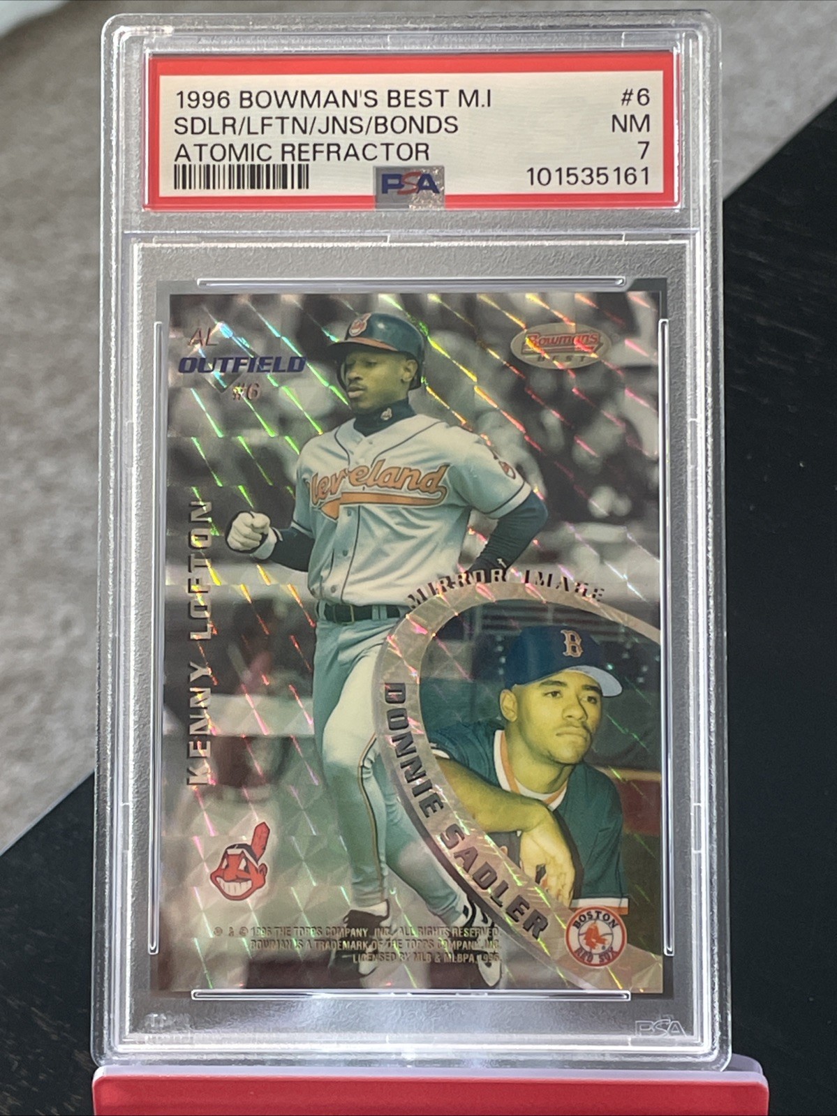 1996 Bowman's Best Mirror Image Atomic Refractor #6 Bonds Jones Lofton PSA 7 Rc view 1