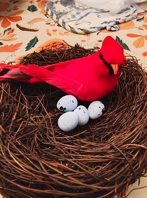 6'' Artificial Cardinal Bird's Nest with a Cardinal & Blue Eggs.
