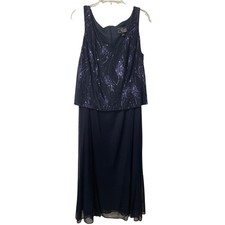 Alex Evenings Womens 14W Navy Blue Sequin Maxi Gown Dress Formal Sleeveless