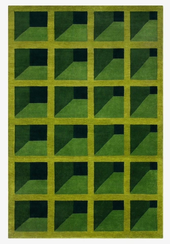 Alfombra de lana hecha a mano 8x10 verde moderna minimalista alfombra geométrica sala de estar Foto 3 de 4