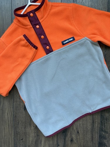 Lands’ End Kids Heritage Fleece Snap-Neck Pullover Orange Gray Colorblock S 6-7
