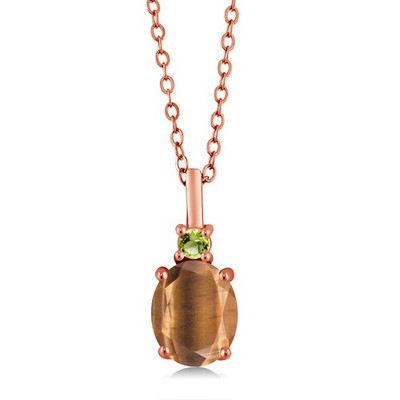 1.57 Ct Brown Tiger Eye Peridot 18K Rose Gold Plated Silver Pendant with Chain