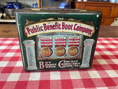  The Public Benefit Boot Company'' Metal Hinged Tin ~ 1930's Era