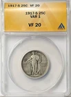 1917-S 25c Standing Liberty Quarter Anacs VF20 T1 - A245