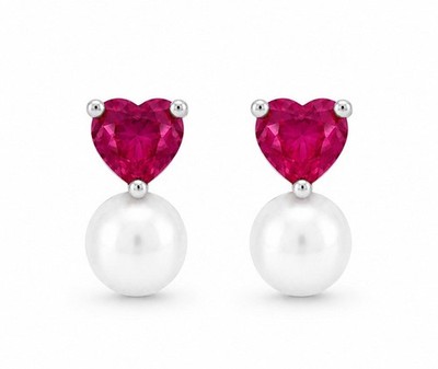 LAB RUBiES & GENUINE PEARLS EARRINGS .925 Silver - NEW WITH TAG - SCREW BACKS