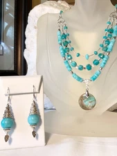 SS .925 BLUE PERUVIAN AMAZONITE NECKLACE  3 STRANDS & EARRINGS SET