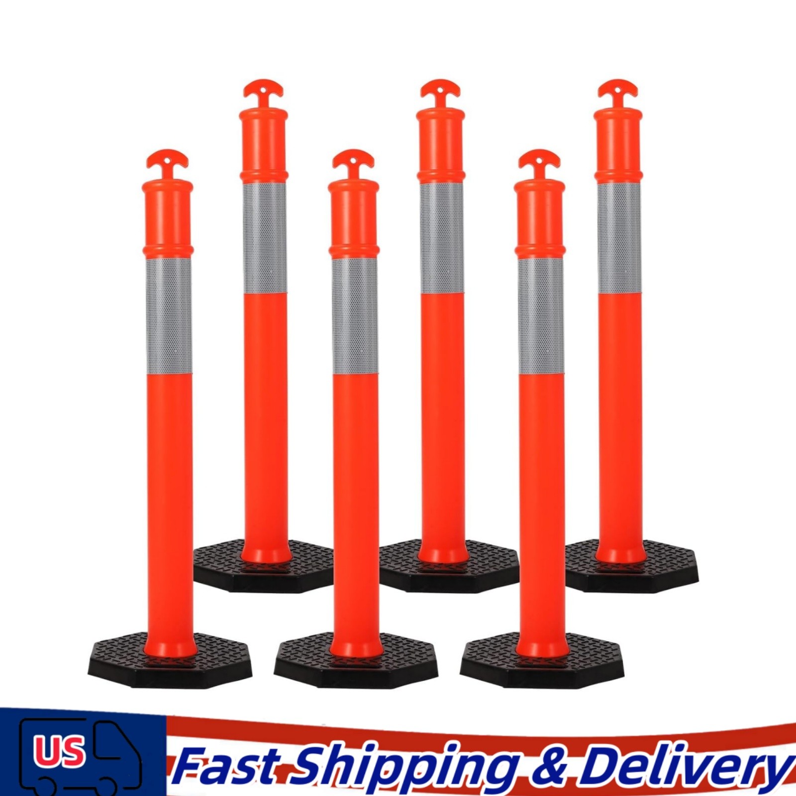 6 Pack Traffic Delineator Posts 45 in with Weighted Base for Safety Use
