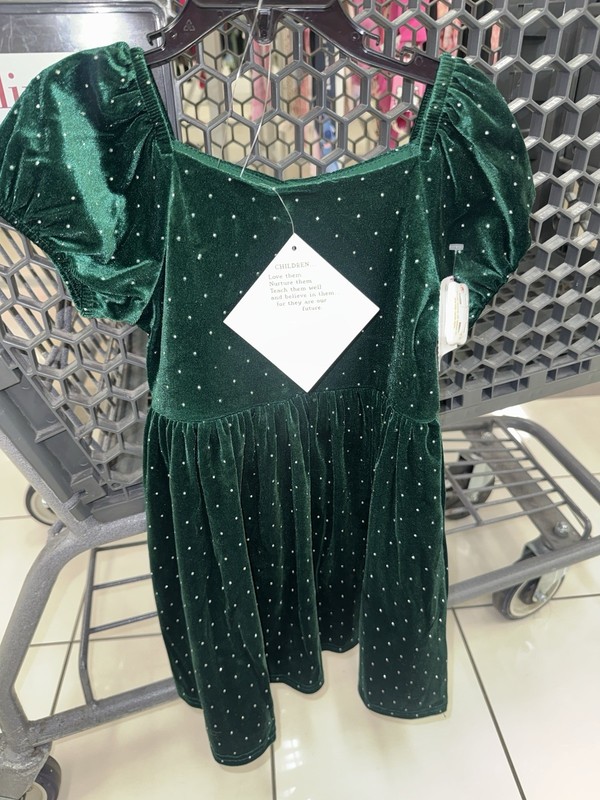 Children Place Girls Green Velvet Polka Dot Square Neck Puff Dress Size 6