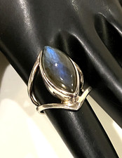 Vintage Sterling Silver Labradorite Ring 925 Oval Shape, 18mm x 9mm, Size 6