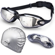 Swim Goggle Cap Set for Adult, Goggles Adult Swimming, Wide Vision Swim Goggles