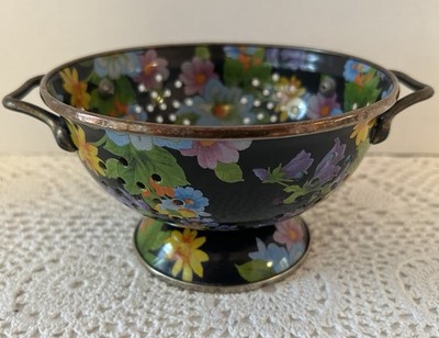 MacKenzie Childs Flower Market  Blue Enamel Small Strainer Colander Rare Vintage